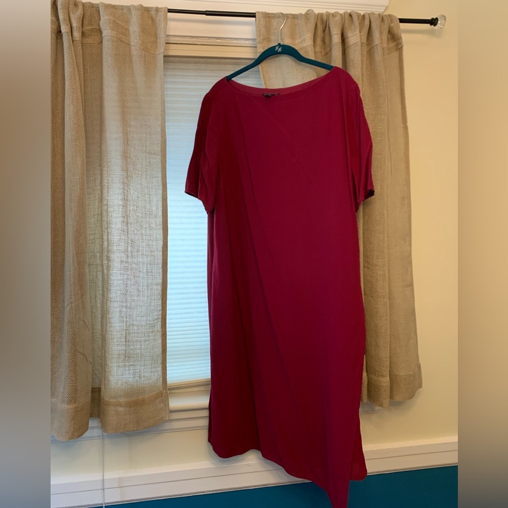 Eileen Fisher Georgette Silk Shift Dress Knee Length Ballet Neck Berry Pink L